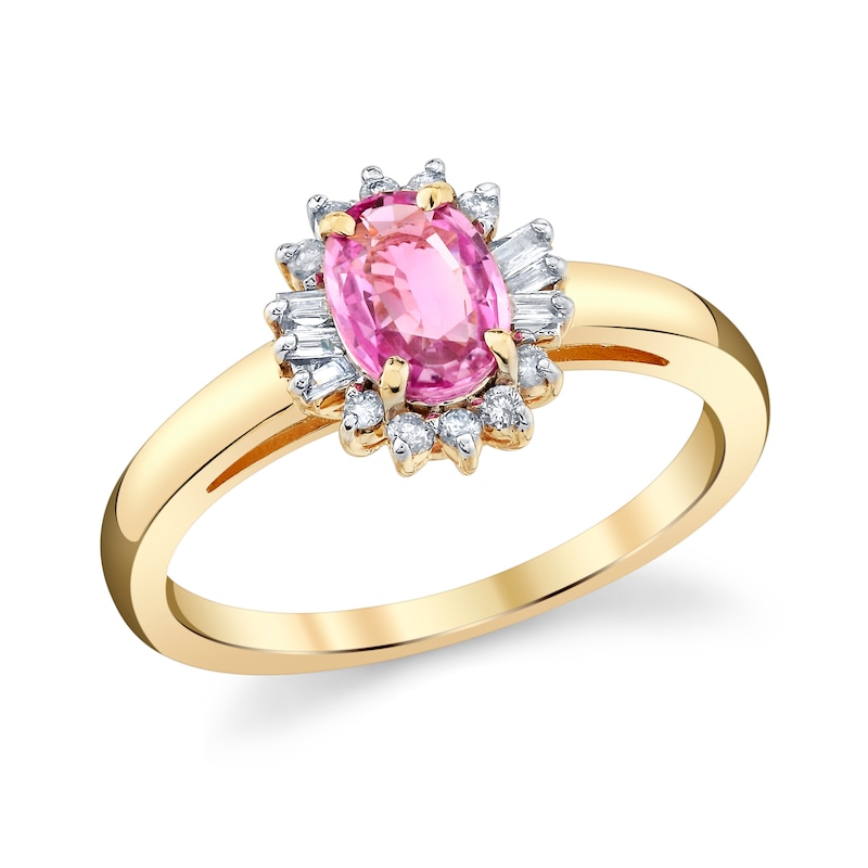 Main Image 1 of Oval Pink Sapphire and 1/5 CT. T.W. Diamond Sunburst Frame Ring in 10K Gold