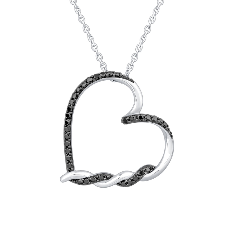 Main Image 1 of 1/5 CT. T.W. Black Diamond Swirl Tilted Heart Pendant in Sterling Silver - 19"