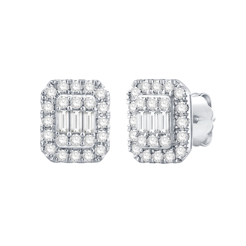 Main Image 1 of 5/8 CT. T.W. Baguette and Round Diamond Octagon Frame Stud Earrings in 14K White Gold