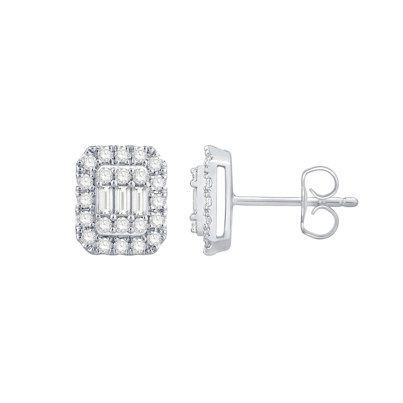 Main Image 2 of 5/8 CT. T.W. Baguette and Round Diamond Octagon Frame Stud Earrings in 14K White Gold