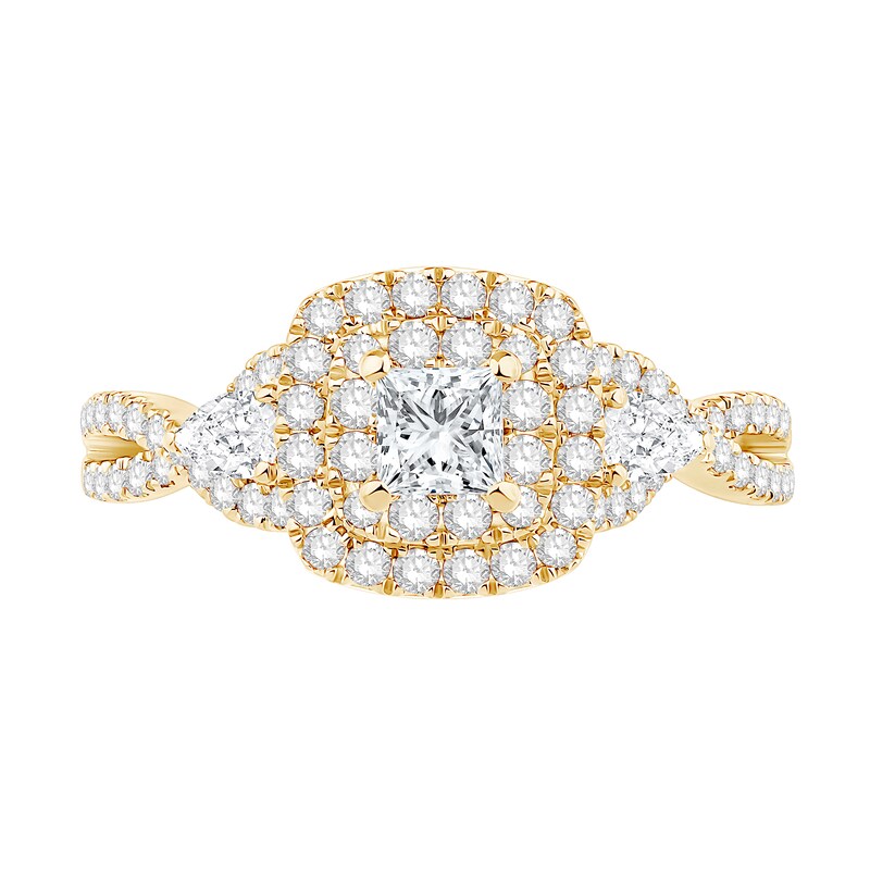 Main Image 4 of 1 CT. T.W. Princess-Cut and Pear-Shaped Three-Stone Engagement Ring in 14K Gold