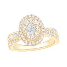 1 CT. T.W. Princess, Baguette and Round-Cut Diamond Oval Frame Engagement Ring in 14K Gold