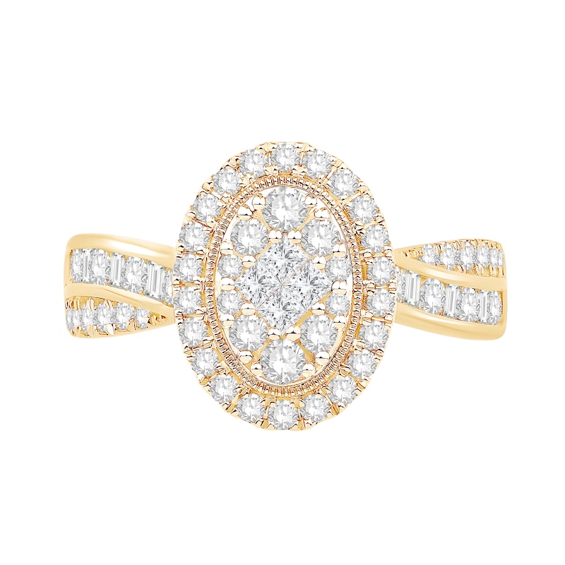 Main Image 4 of 1 CT. T.W. Princess, Baguette and Round-Cut Diamond Oval Frame Engagement Ring in 14K Gold
