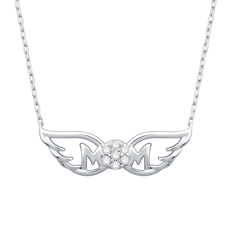 Main Image 1 of 1/10 CT. T.W. Diamond “Mom” with Wings Necklace in Sterling Silver