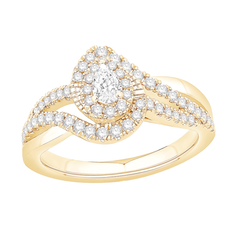 Main Image 1 of 5/8 CT. T.W. Pear-Shaped Diamond Bypass Frame Engagement Ring in 18K Gold