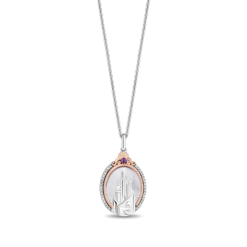Main Image 1 of Enchanted Disney Ariel Oval Mother-of-Pearl, Amethyst and Diamond Castle Pendant in Sterling Silver and 10K Rose Gold