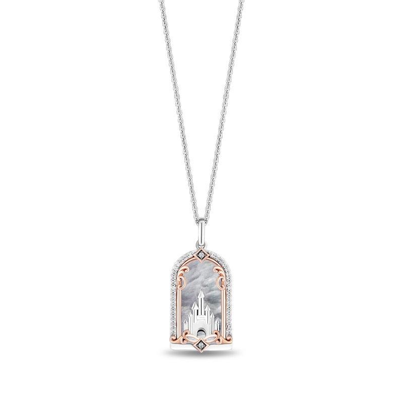 Main Image 1 of Enchanted Disney Majestic Princess Mother-of-Pearl and Diamond Castle Pendant in Sterling Silver and 10K Rose Gold - 19”