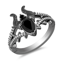 Enchanted Disney Villains Maleficent Pear-Shaped Onyx and 1/8 CT. T.W. Diamond Horns Ring in Black Sterling Silver