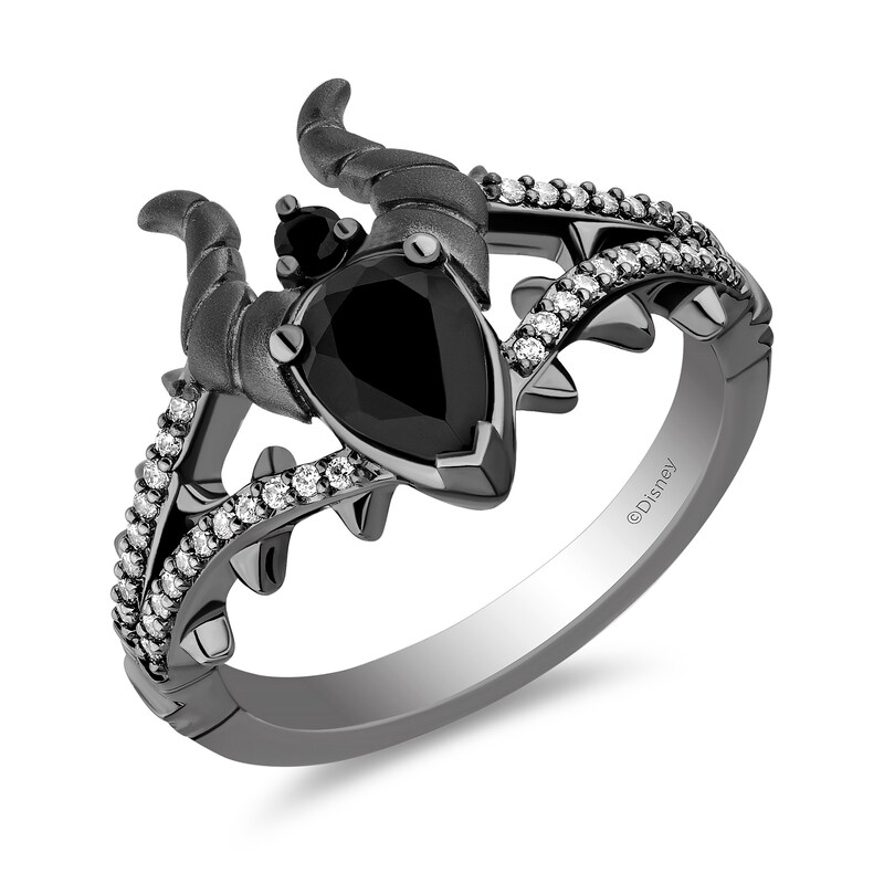 Main Image 1 of Enchanted Disney Villains Maleficent Pear-Shaped Onyx and 1/8 CT. T.W. Diamond Horns Ring in Black Sterling Silver
