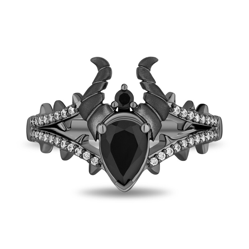 Main Image 4 of Enchanted Disney Villains Maleficent Pear-Shaped Onyx and 1/8 CT. T.W. Diamond Horns Ring in Black Sterling Silver