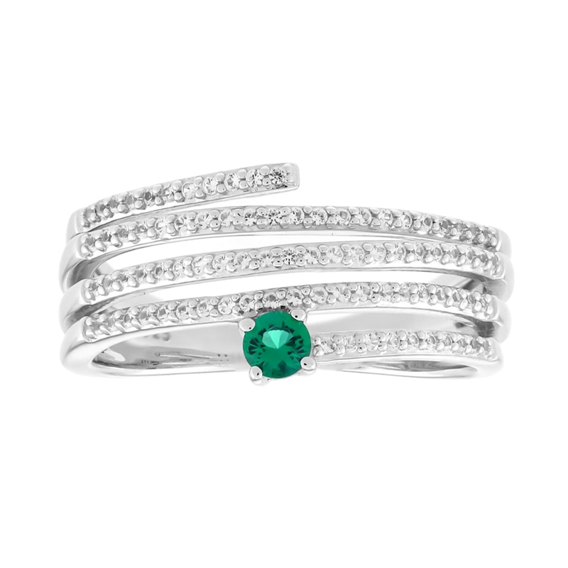 Main Image 1 of Lab-Created Emerald and White Lab-Created Sapphire Spiral Ring in Sterling Silver