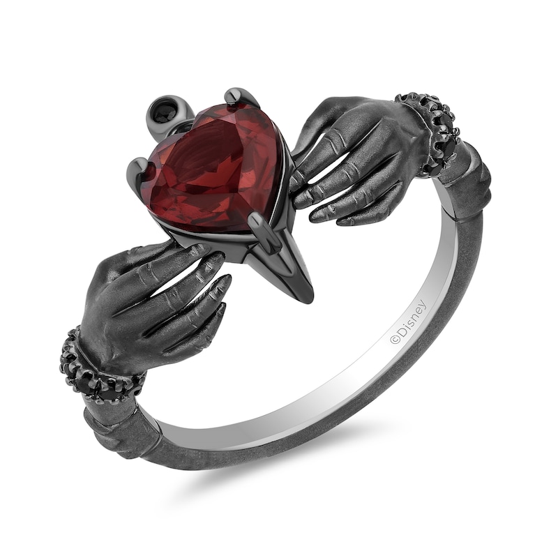 Main Image 1 of Enchanted Disney Villains Evil Queen Heart-Shaped Garnet and 1/10 CT. T.W. Diamond Hands Ring in Black Sterling Silver