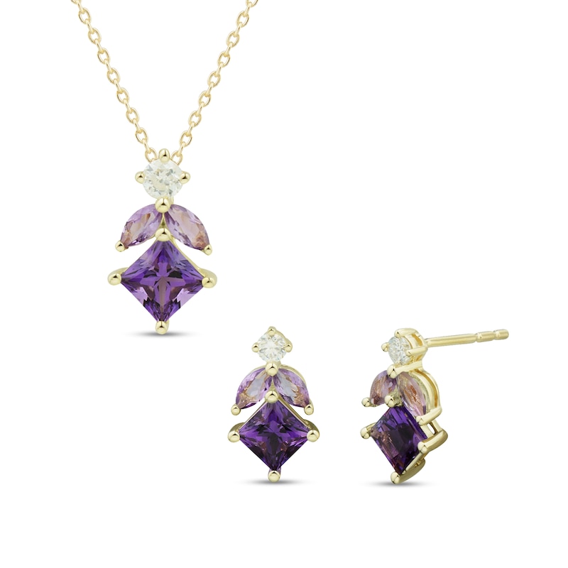 Main Image 1 of Amethyst, Pink Quartz and White Lab-Created Sapphire Drop Pendant and Earrings Set in Sterling Silver with Gold Plate