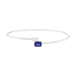 Emerald and Baguette-Cut Ceylon Blue and White Lab-Created Sapphire Bypass Bangle in Sterling Silver - 7.13"