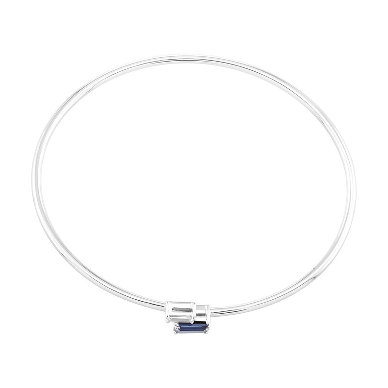 Main Image 2 of Emerald and Baguette-Cut Ceylon Blue and White Lab-Created Sapphire Bypass Bangle in Sterling Silver - 7.13"