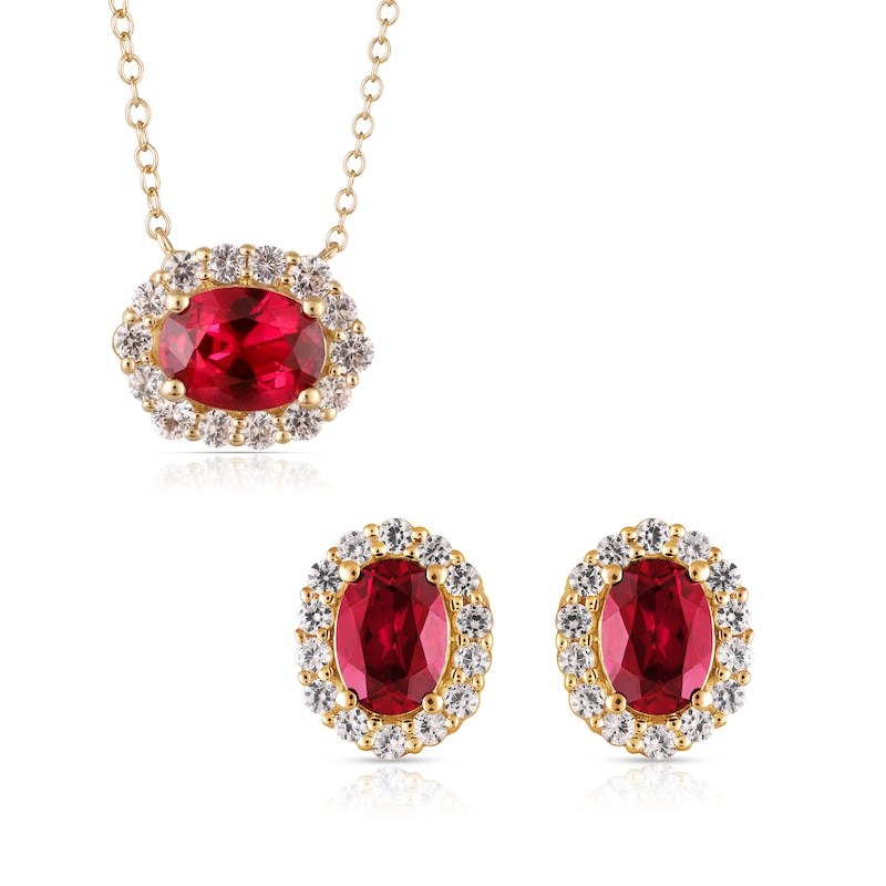 Main Image 1 of Oval Lab-Created Ruby and White Lab-Created Sapphire Frame Necklace and Earrings Set in Sterling Silver with Gold Plate