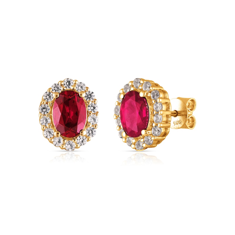 Main Image 7 of Oval Lab-Created Ruby and White Lab-Created Sapphire Frame Necklace and Earrings Set in Sterling Silver with Gold Plate