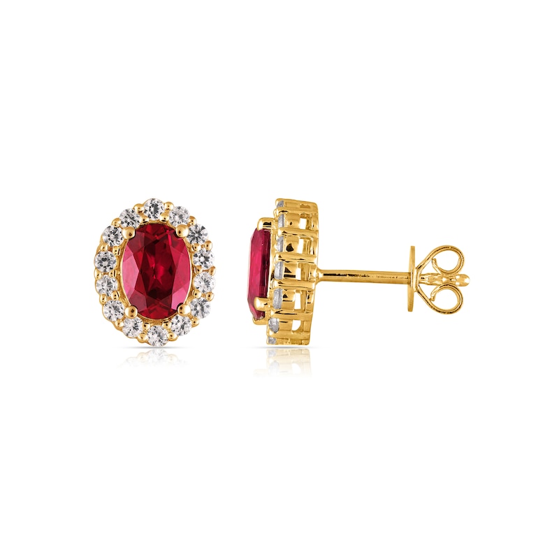 Main Image 8 of Oval Lab-Created Ruby and White Lab-Created Sapphire Frame Necklace and Earrings Set in Sterling Silver with Gold Plate