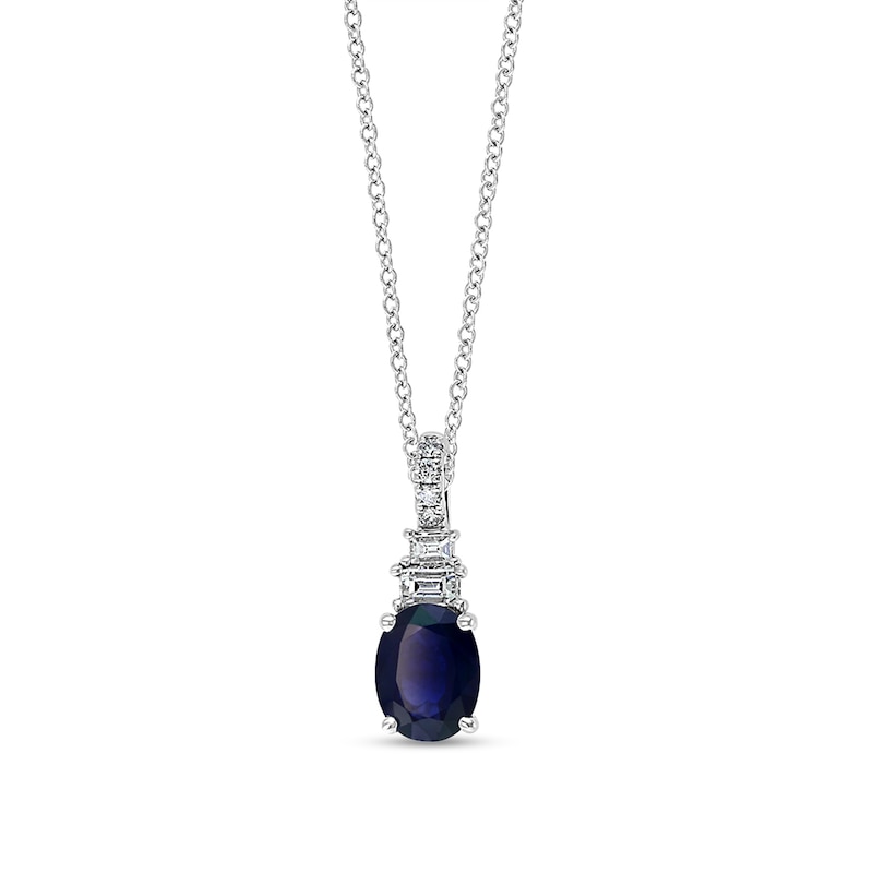 Main Image 1 of EFFY™ Collection Oval Blue Sapphire and 1/5 CT. T.W. Diamond Stacked Drop Pendant in 14K White Gold