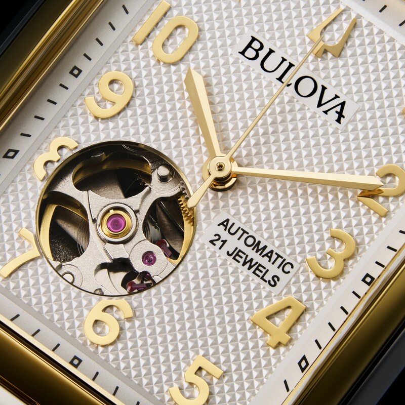 Main Image 4 of Men's Bulova Classic Sutton Two-Tone IP Automatic Watch with Rectangular Silver-Tone Dial (Model: 98A308)