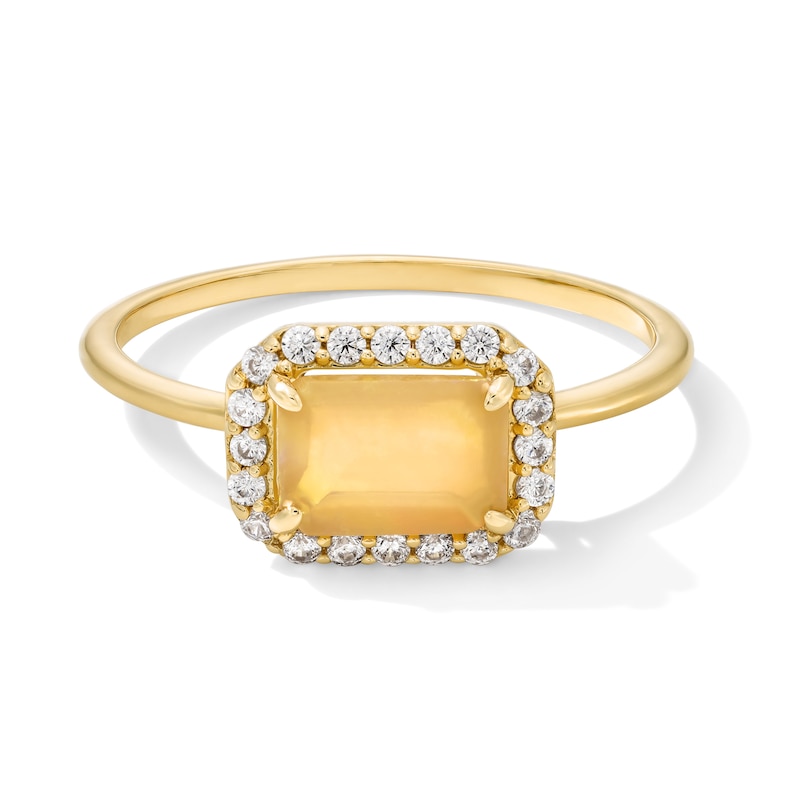 Main Image 1 of Sideways Emerald-Shaped Lab-Created Opal and White Lab-Created Sapphire Frame Ring in 10K Gold
