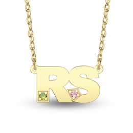 Birthstone Uppercase Block Double Initial Necklace (2 Stones and Initials)