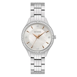 Ladies' Bulova Classic Crystal Accent Watch with White Mother-of-Pearl Dial (Model: 96L283)