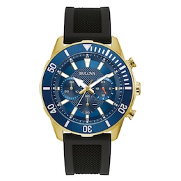 Men's Bulova Classic Gold-Tone IP Black Silicone Strap Chronograph Watch with Blue Dial (Model: 98A244)