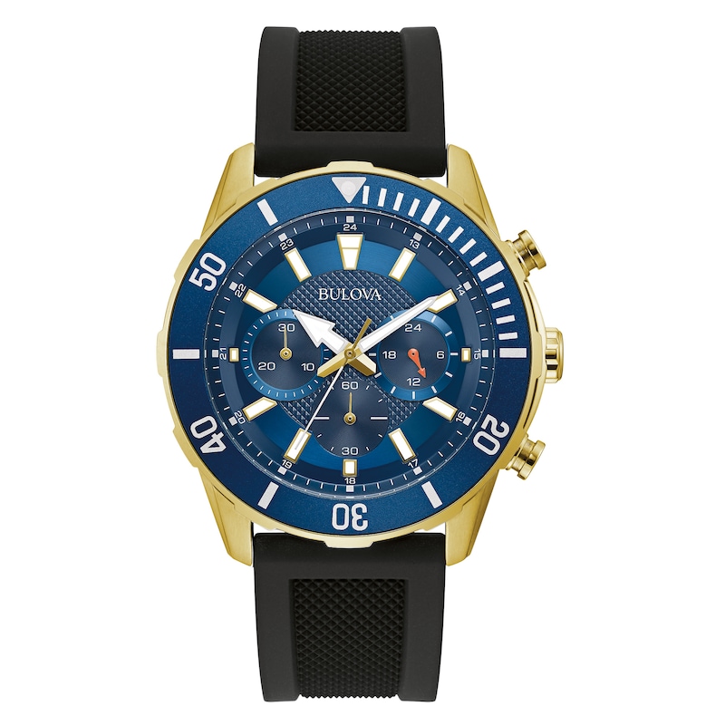 Main Image 1 of Men's Bulova Classic Gold-Tone IP Black Silicone Strap Chronograph Watch with Blue Dial (Model: 98A244)