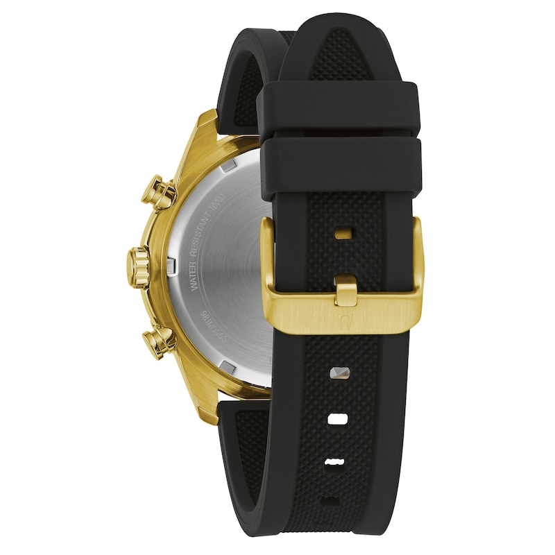 Main Image 3 of Men's Bulova Classic Gold-Tone IP Black Silicone Strap Chronograph Watch with Blue Dial (Model: 98A244)