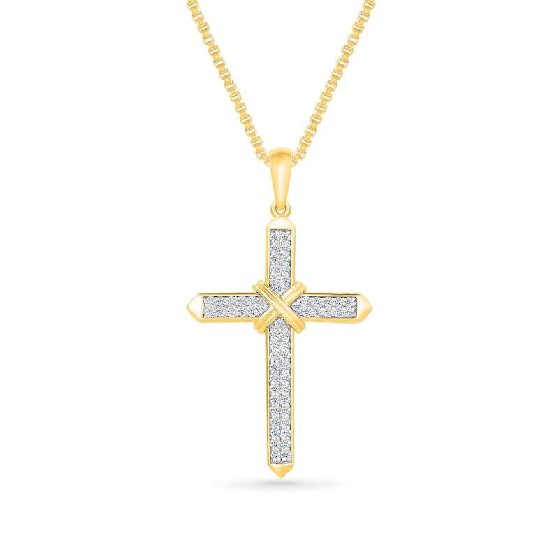 Main Image 1 of 3/8 CT. T.W. Diamond Wrapped-Centre Cross Pendant in Sterling Silver with 10K Gold Plate - 22”