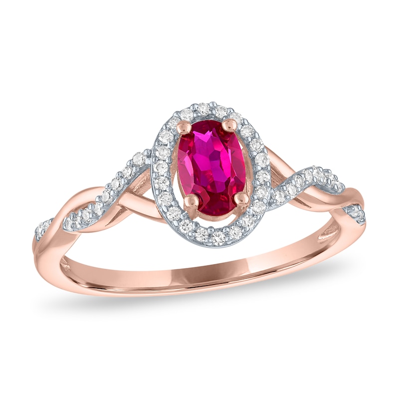 Main Image 3 of Oval Lab-Created Ruby and 1/8 CT. T.W. Diamond Frame Twist Shank Ring in Sterling Silver with 14K Gold Plate - Size 7