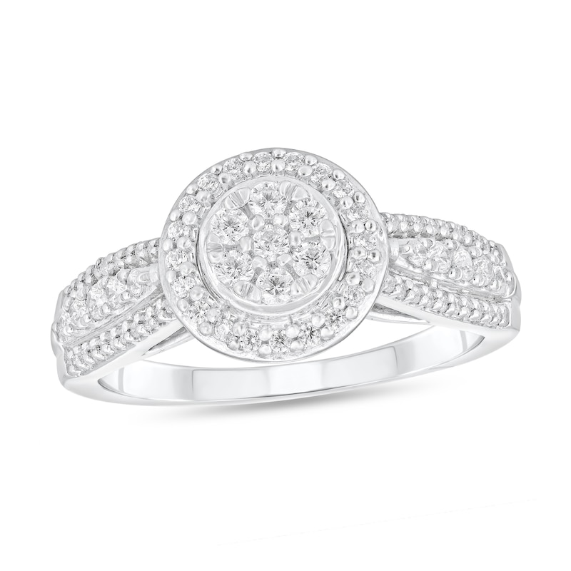 Main Image 1 of 3/8 CT. T.W. Multi-Diamond Frame Triple Row Shank Engagement Ring in 10K White Gold