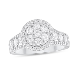 1 CT. T.W. Multi-Diamond Frame Triple Row Split Shank Engagement Ring in 14K White Gold