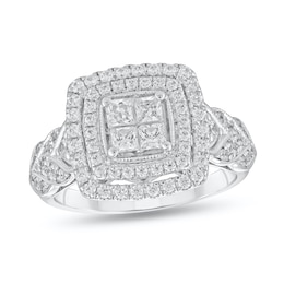 7/8 CT. T.W. Quad Princess-Cut Diamond Double Cushion Frame Vintage-Style Engagement Ring in 10K White Gold