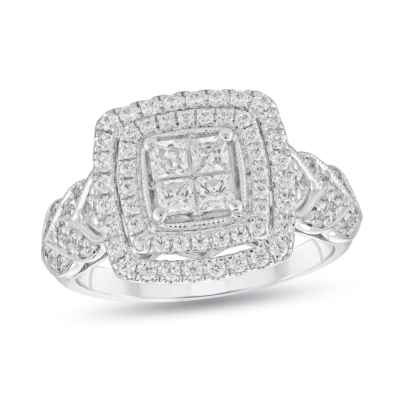 Main Image 1 of 7/8 CT. T.W. Quad Princess-Cut Diamond Double Cushion Frame Vintage-Style Engagement Ring in 10K White Gold