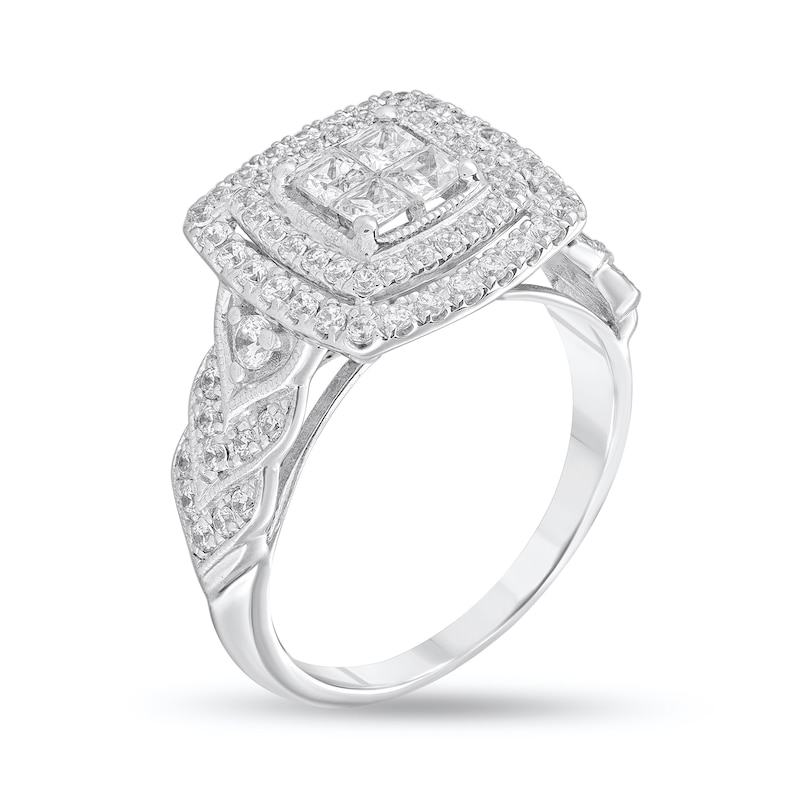 Main Image 2 of 7/8 CT. T.W. Quad Princess-Cut Diamond Double Cushion Frame Vintage-Style Engagement Ring in 10K White Gold