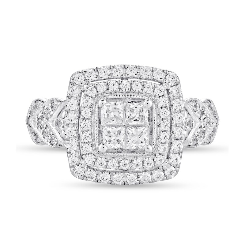 Main Image 3 of 7/8 CT. T.W. Quad Princess-Cut Diamond Double Cushion Frame Vintage-Style Engagement Ring in 10K White Gold