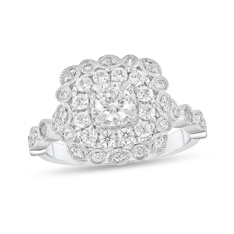 Main Image 1 of 3/4 CT. T.W. Diamond Double Cushion Frame Art Deco Vintage-Style Engagement Ring in 14K White Gold