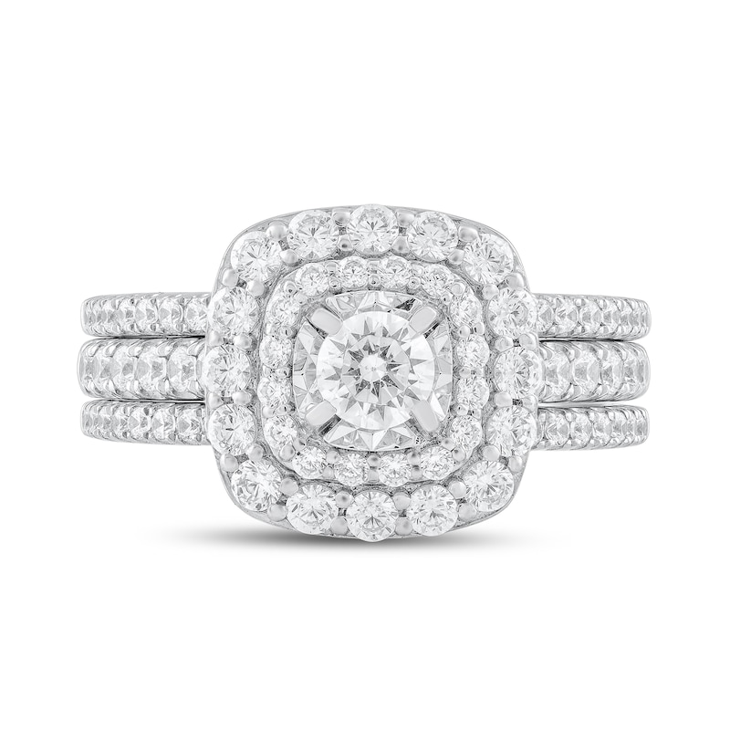 Main Image 3 of 1-1/5 CT. T.W. Diamond Double Cushion Frame Three Piece Bridal Set in 10K White Gold