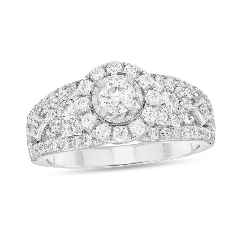 Main Image 1 of 7/8 CT. T.W. Diamond Frame Three Stone Split Shank Engagement Ring in 14K White Gold