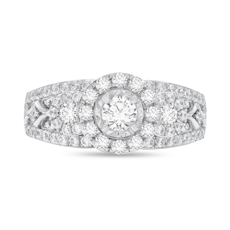Main Image 3 of 7/8 CT. T.W. Diamond Frame Three Stone Split Shank Engagement Ring in 14K White Gold
