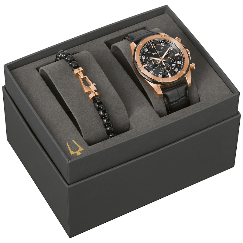 Main Image 1 of Men's Bulova Diamond Accent Two-Tone IP Leather Strap Chronograph Watch and Bracelet Box Set (Model: 98K117)