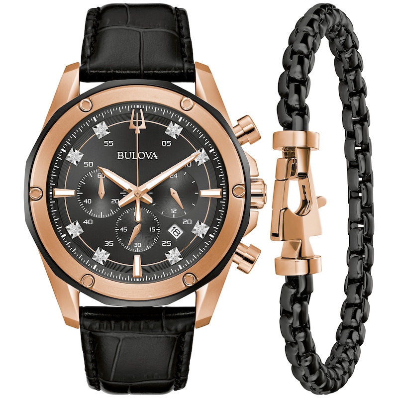 Main Image 2 of Men's Bulova Diamond Accent Two-Tone IP Leather Strap Chronograph Watch and Bracelet Box Set (Model: 98K117)