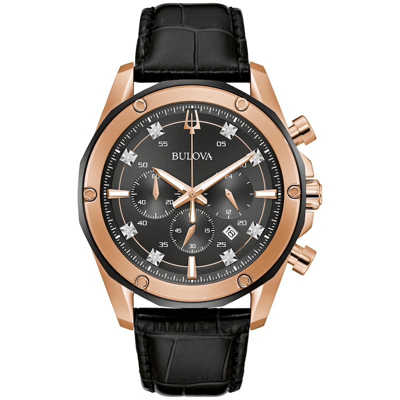 Main Image 3 of Men's Bulova Diamond Accent Two-Tone IP Leather Strap Chronograph Watch and Bracelet Box Set (Model: 98K117)