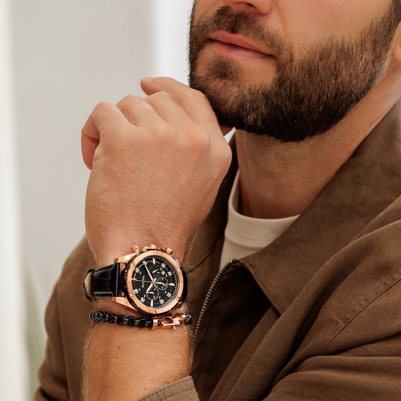 Main Image 6 of Men's Bulova Diamond Accent Two-Tone IP Leather Strap Chronograph Watch and Bracelet Box Set (Model: 98K117)