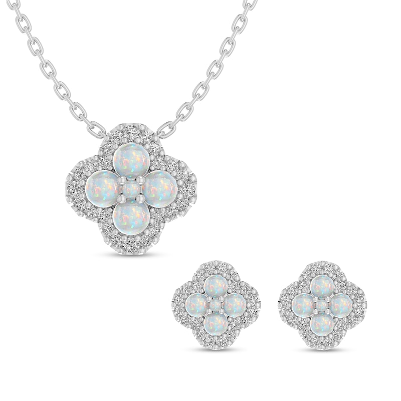 Main Image 1 of Lab-Created Opal and White Lab-Created Sapphire Frame Clover Pendant and Stud Earrings Set in Sterling Silver