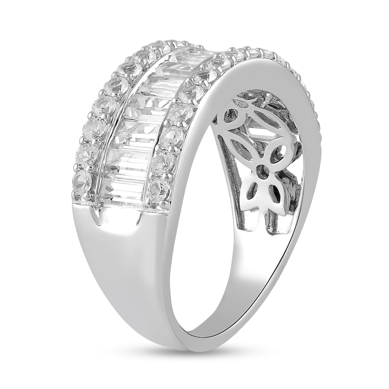 Main Image 2 of Baguette and Round White Lab-Created Sapphire Triple Row Band in Sterling Silver