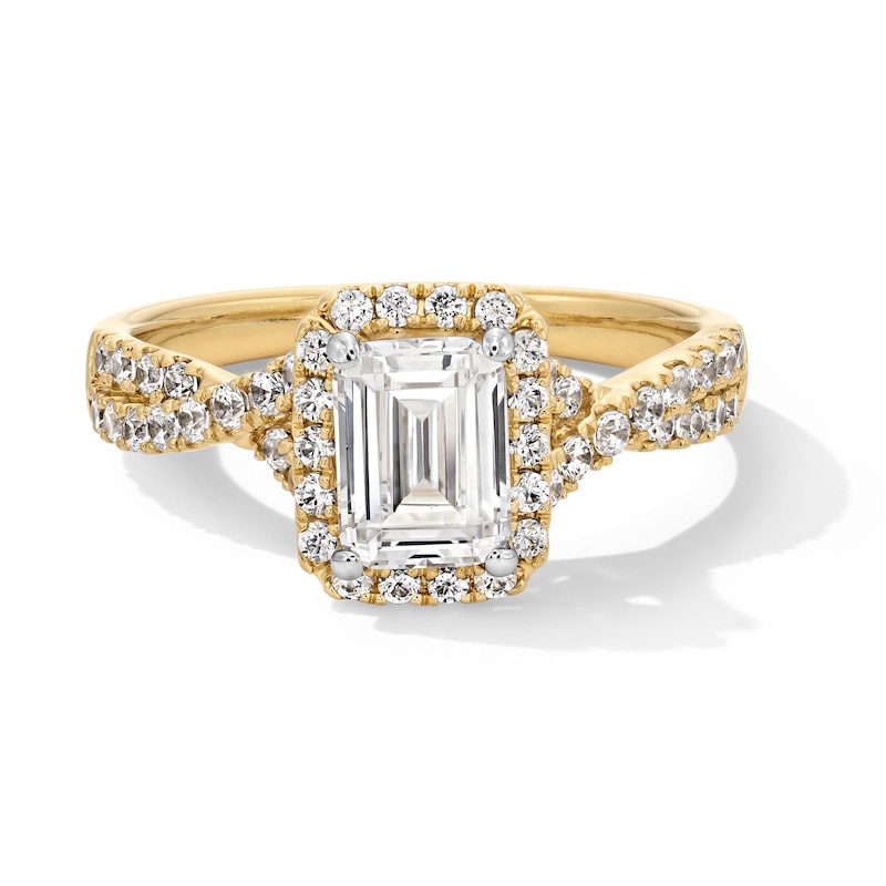 Main Image 1 of 1-3/8 CT. T.W. Emerald-Cut Certified Lab-Grown Diamond Frame Crossover Shank Engagement Ring in 14K Gold (F/VS2)