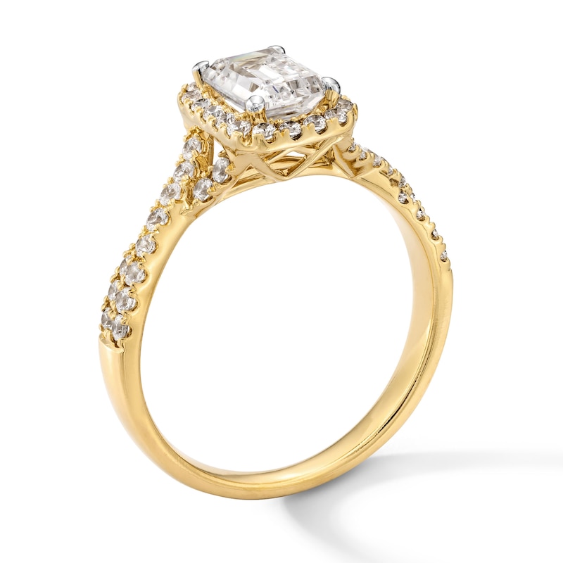 Main Image 3 of 1-3/8 CT. T.W. Emerald-Cut Certified Lab-Grown Diamond Frame Crossover Shank Engagement Ring in 14K Gold (F/VS2)